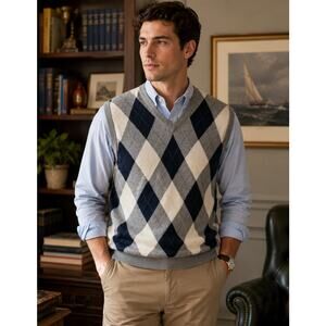 Mens Brooks Brothers Argyle Wool Sweater Vest Size Med Gray Preppy Twee